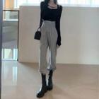 Set: Cropped Cardigan + Camisole + Paperbag-waist Lace-up Pants
