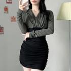 Long-sleeve V-neck Two-tone Mini Bodycon Dress