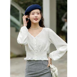 Balloon-sleeve V-neck Blouse White - One Size