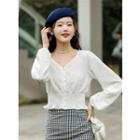 Balloon-sleeve V-neck Blouse White - One Size