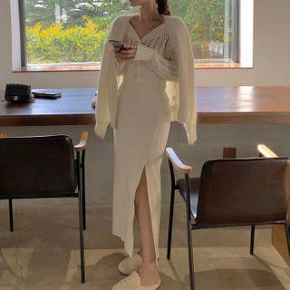 V-neck Pointelle Cropped Cardigan / Plain Cardigan / Slit Knit Fitted Skirt