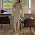 V-neck Pointelle Cropped Cardigan / Plain Cardigan / Slit Knit Fitted Skirt