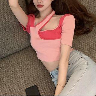 Short-sleeve Two Tone Cropped T-shirt