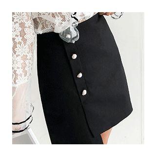 Faux-pearl Asymmetric-hem Skirt