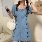 Puff-sleeve Square Neck Heart Embroidered Denim Mini A-line Dress