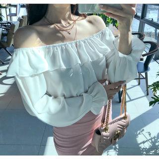 Off-shoulder Ruffle-trim Chiffon Top