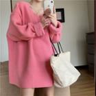 V-neck Fleece Sweatshirt Pink - One Size