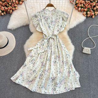 Cap-sleeve Floral Print Ruffle Trim A-line Dress