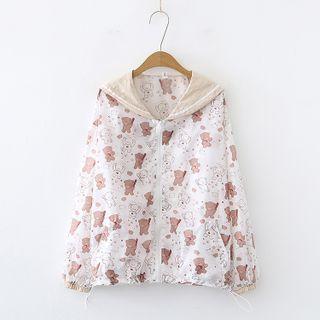 Sailor Collar Bear Print Drawstring Jacket