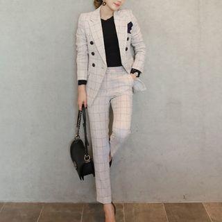 Set: Plaid Double-breasted Blazer + Dress Pants