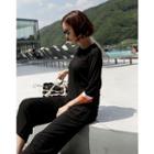 Set: Contrast-trim T-shirt + Wide-leg Pants
