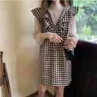 Set: Lantern-sleeve Mesh + Plaid Mini Pinafore Dress