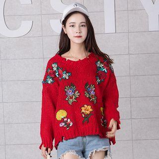 Floral Embroidered Ripped Sweater