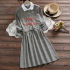 Long-sleeve Lettering Embroidered Plaid A-line Collared Dress
