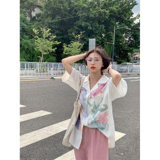Short-sleeve Tie-dyed Shirt Pink & Green & White - One Size