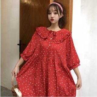 Dotted Elbow-sleeve Collared A-line Dress Red - One Size