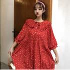 Dotted Elbow-sleeve Collared A-line Dress Red - One Size