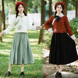 Embroidered Frog-button Knit Jacket / Contrast Trim Long-sleeve Midi A-line Dress