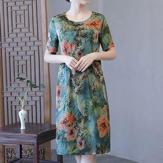 Short-sleeve Floral Print Midi Qipao Dress