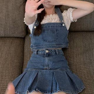 Off-shoulder Lace Cropped Blouse / Denim Tank Top / Mini A-line Skirt