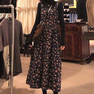 Floral Print Midi A-line Pinafore Dress Floral - Black - One Size