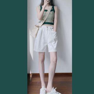 Set: Spaghetti Strap Knit Top + Wide-leg Shorts