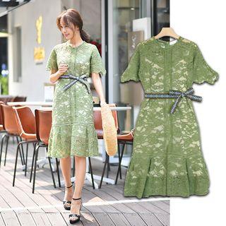 Round-neck Laced Dress With Sash
