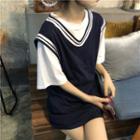 Crew-neck Elbow-sleeve T-shirt / Contrast Trim Sleeveless Mini Dress
