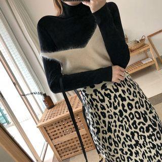 Turtleneck Long-sleeve Knit Top / Fluffy Camisole Top / Leopard Print High-waist Midi Straight-fit Skirt