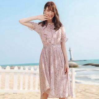 Floral Ruffle Trim Short-sleeve A-line Dress