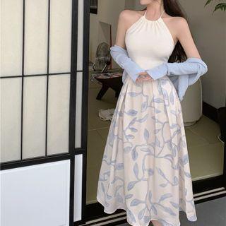 Plain Light Cardigan / Sleeveless Halter Top / Print Skirt