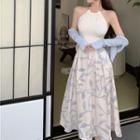 Plain Light Cardigan / Sleeveless Halter Top / Print Skirt