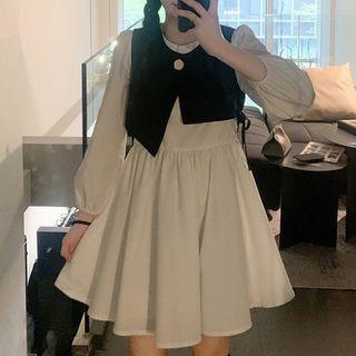 Puff-sleeve A-line Dress / Asymmetrical Vest