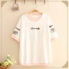 Contrast-trim Cat Embroidered Short-sleeve Tee