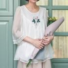3/4-sleeve Embroidered Chiffon Top White - One Size