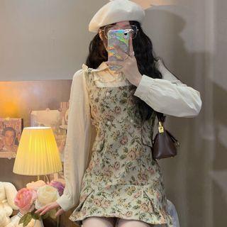 Mock Two-piece Long-sleeve Floral Mini Dress