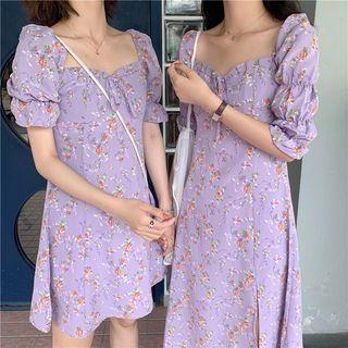 Floral Print Square-neck Puff-sleeve Midi Dress