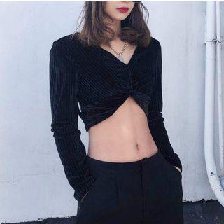 Cropped V-neck Long-sleeve Velvet Top