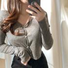 Long-sleeve V-neck Top Gray - One Size