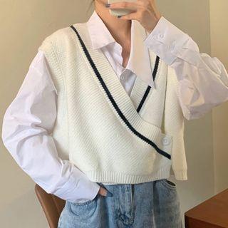 Plain Crop Shirt / Contrast Trim Sweater Vest