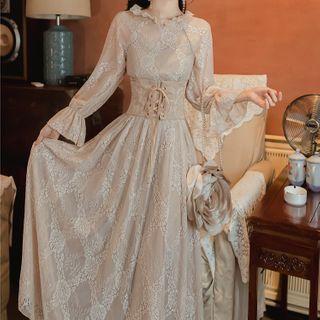 Set: Bell-sleeve Midi A-line Dress + Corset Belt