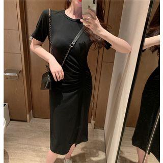 Shirred Front Short-sleeve Midi Sheath Dress