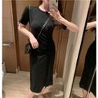 Shirred Front Short-sleeve Midi Sheath Dress
