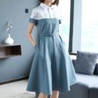 Collared Two-tone Short-sleeve A-line Dress