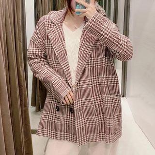 Plaid Knit Double Breasted Blazer