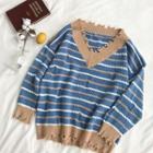 Color-block Distressed Fringed V-neck Long-sleeve Sweater