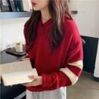 Striped Long-sleeve Knit Hooded Top Wine Red - One Size
