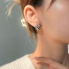 Heart Check Glaze Earring 1 Pair - Stud Earring - Silver Needle - Black & White - One Size