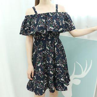 Floral Patterned Ruffle-trim Sleeveless A-line Dress