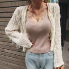 Faux-pearl Button Fringed Chiffon Cardigan